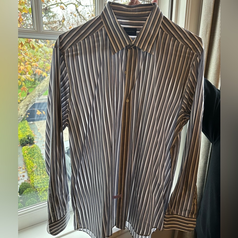 Zegna gray, black, and white striped button up. Size XL